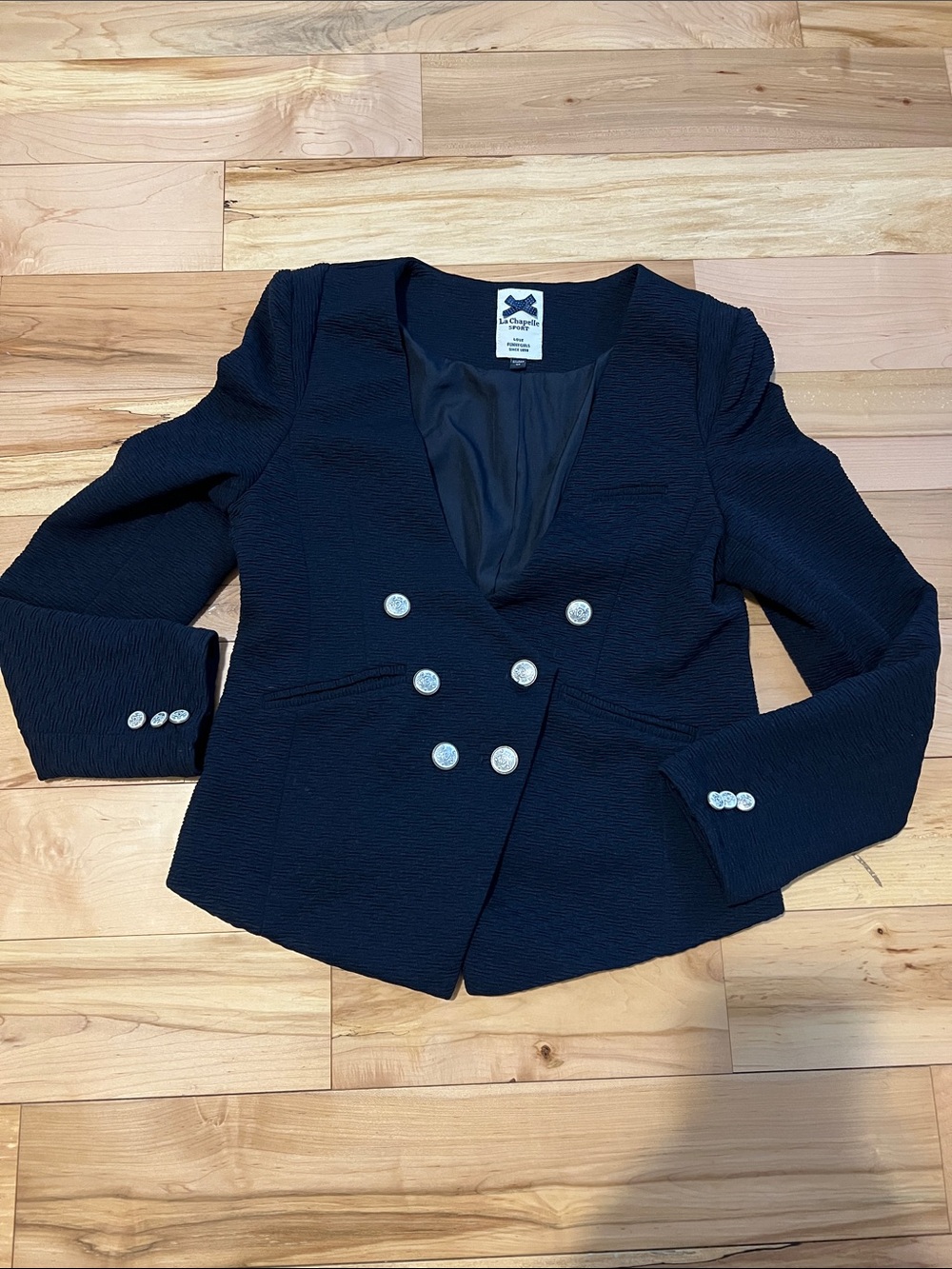 Double-Breasted Navy Textured Blazer with Silver Buttons